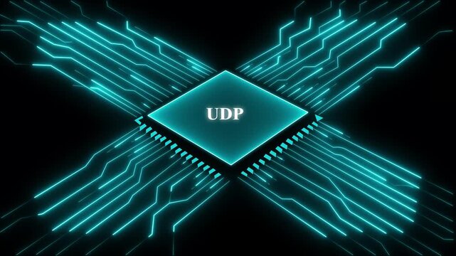 U D P User Datagram Protocol Blue Circuit Board Microchip with Glowing Blue Lines on Black Background for Technology and Networking Concepts. Technology and network concept. 4k video...
