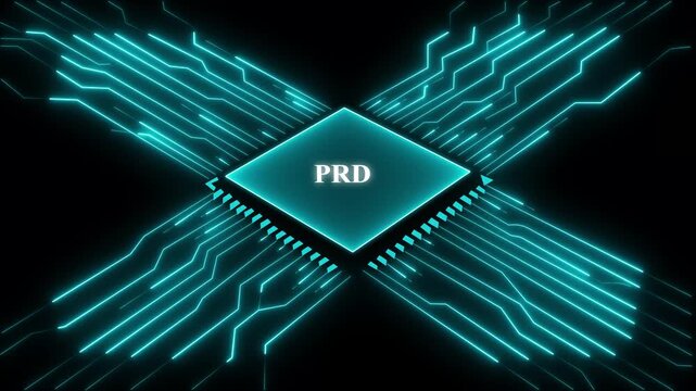 Blue glowing microchip with P R D text on a black circuit board background with neon lights. Technology and network concept. 4k video animation on black background.