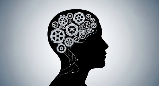 A black silhouette of a person's head against a light gray background, with gears and cogs representing the mind.