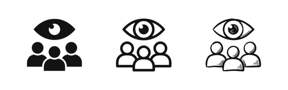 Surveillance and Supervision Icon Set - Eye Watching Over People in Glyph, Outline, and Sketch Styles