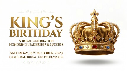 King's Birthday royal celebration invitation, golden crown with jewels on white background, elegant leadership and success event banner