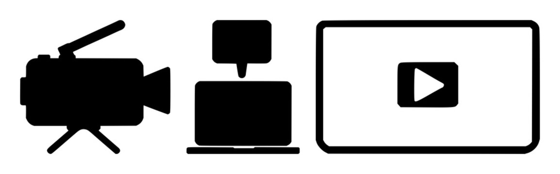 Online course video icon set with solid black shape against white background featuring e-learning, digital media, instructional with educational and distance learning