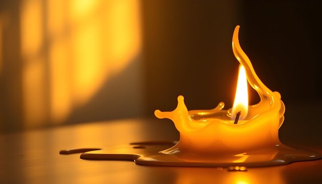 Candle with Melting Wax Forming Sculptures. A lit candle whose melting wax forms delicate abstract sculptures, dreamy surreal lighting, artistic concept still life 2