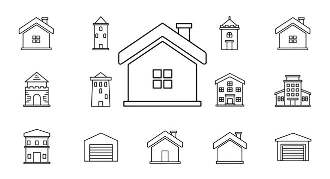 Various house and building line icons.