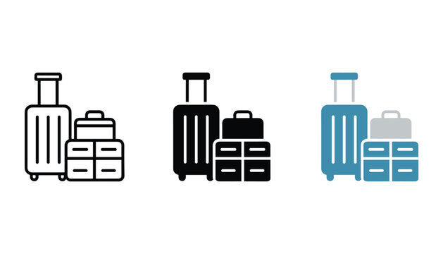 Stylized vector icons representing luggage and travel suitcases in outline solid and colored versions for graphic design and web development