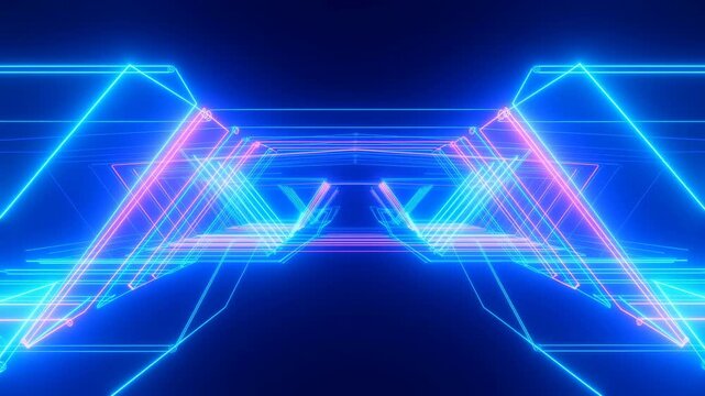 Retro Style Neon Landscape With Dynamic Shapes And Luminous Geometry Stretching Into Distance