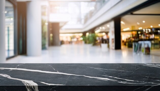 empty black marble stone table top and blur glass window interior shopping mall banner mock up abstract background can used for display or montage your products