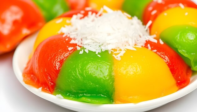 Cenil Colorful Jajanan Pasar. Colorful cenil traditional Indonesian snack made from tapioca, glossy texture with vibrant red, yellow, and green colors, served with grated coconut 2