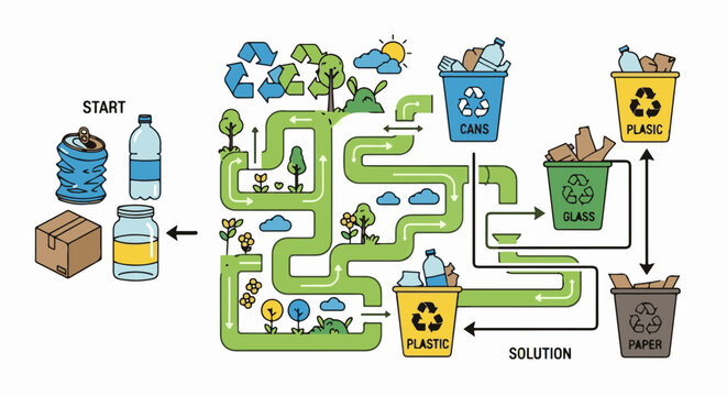 Recycling process illustration from discarded items to sorted waste bins