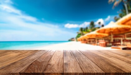 Fototapeta premium empty wood table top and blurred summer beach bar in tropical resort banner background can used for display or montage your products