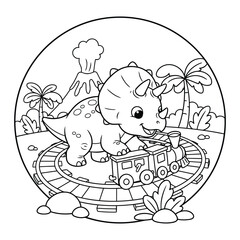 Dinosaur cute triceratops playing with toy train in prehistoric jungle coloring page © Crafter