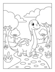 Fototapeta premium Dinosaur cute long neck baby standing on path with trees and clouds coloring page
