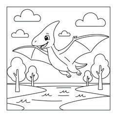 Dinosaur cute flying pterodactyl over river with trees and clouds coloring page © Crafter