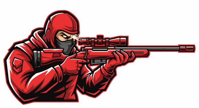 Red clad figure in tactical gear aims a sniper rifle with scope