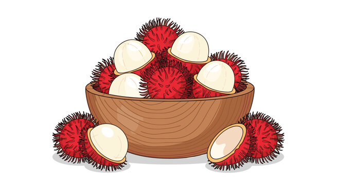 Large wooden bowl overflowing with fresh rambutan fruits showing their characteristic hairy red skin and juicy white flesh.
