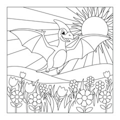 Pterodactyl cute cartoon flying over sunny flower field landscape coloring page illustration © Crafter