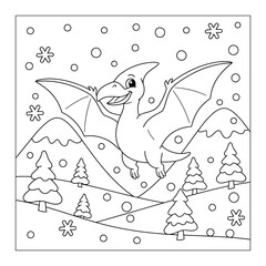 Pterodactyl cute cartoon flying over snowy mountains winter scene fun coloring page illustration © Crafter