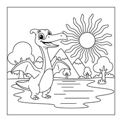 Pterodactyl cute cartoon dinosaur by river with mountains and sun coloring page illustration © Crafter
