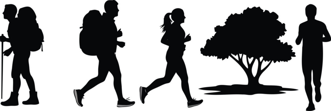 People hiking running and walking in nature silhouette set with tree and trekking gear.
