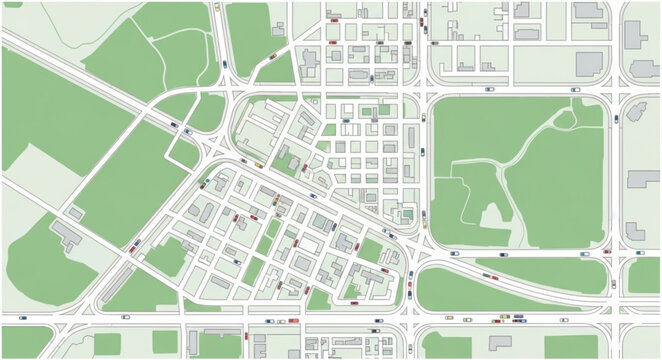 Detailed City Map with Roads and Green Spaces Aerial View.