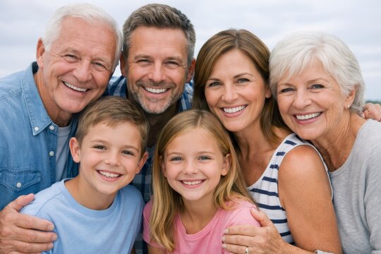 Happy multigenerational family portrait outdoors together. Ai generative