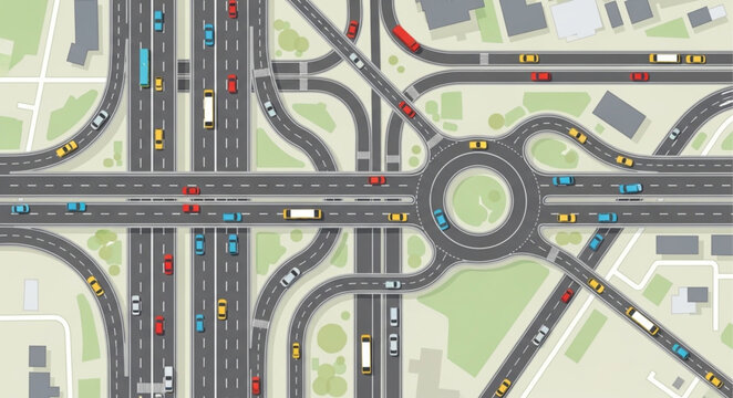 Busy highway intersection with heavy traffic congestion and vehicles.