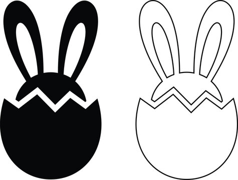 Minimalist flat vector icon set featuring a cute spring Easter bunny rabbit hatching from a cracked egg shell in solid black silhouette and linear outline styles isolated on white.