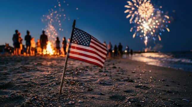 Beach Bonfire Celebration with American Flag and Fireworks