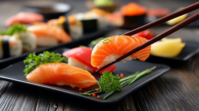 Fresh salmon nigiri sushi held by chopsticks with herbs on black plate and assorted sushi on wooden table close up