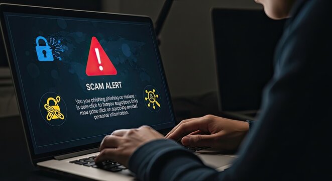 A person is sitting at a desk in front of a laptop, typing on it. The laptop screen displays a warning message about a potential scam alert.