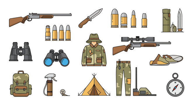 Camping and hunting gear collection.