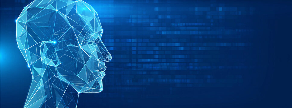 abstract digital human head in blue wireframe on futuristic background