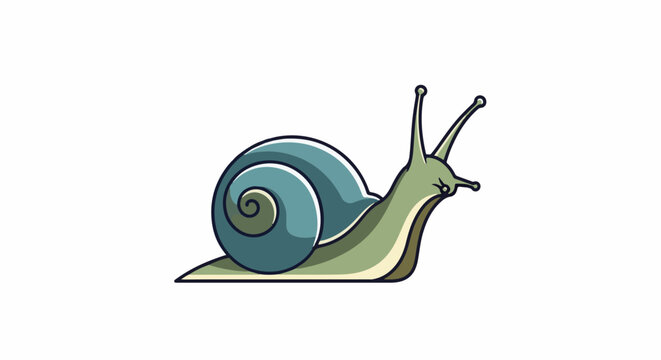Stylized green snail with a blue swirled shell moves to the right