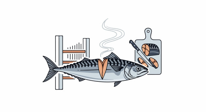 Sliced mackerel on a rack, with slices and knife on a cutting board