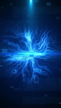 Digital blue circuit backdrop luminous pathways, processor style layout, center flare, deep tech space. data visuals, coding intros, hardware videos, security promos, network screens, animated loops.