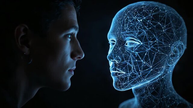 Man in profile facing glowing blue digital wireframe holographic human head in dark environment