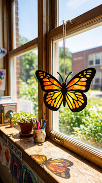 Beautiful monarch butterfly suncatcher craft hanging on classroom window with warm sunlight and colorful shadow for creative school art project inspiration
