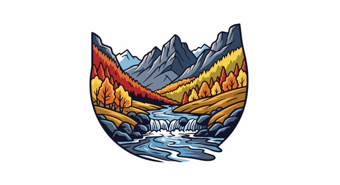 Stylized mountainous landscape with a river flowing through autumn trees