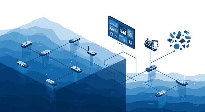 Isometric illustration of an ocean monitoring and waste collection system with connected sensor buoys, data dashboard, and cleanup vessel