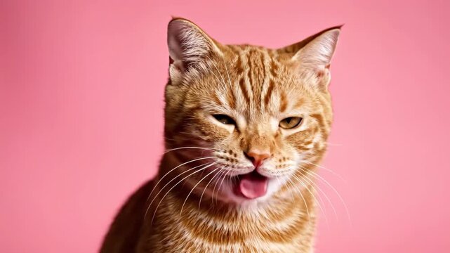 Adorable Ginger Tabby Kitty Winking and Silently Meowing Against a Solid Pink Backdrop