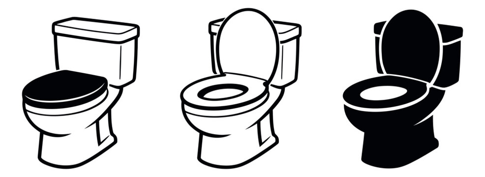 Outline and silhouette toilet icons set featuring toilets with open and closed lids for bathroom and restroom concepts