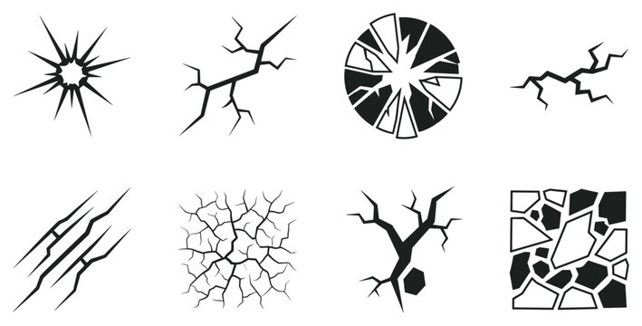 crack and broken surface outline icons, fracture split shattered glass and ground textures, abstract damage vector set isolated on transparent background