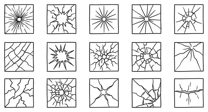 cracked glass and window damage outline icons, fracture split shattered surface textures, abstract vector set isolated on transparent background
