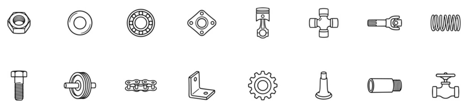 mechanical hardware outline icons, bolt nut bearing gear spring shaft and industrial machine components, line vector set isolated on transparent background