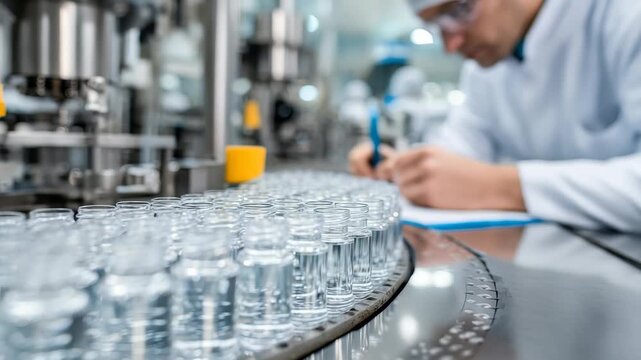 A technician in a white lab coat monitors rows of clear glass vials on a conveyor belt in a pharmaceutical plant. Advanced automation ensures safety and efficiency in drug production processes