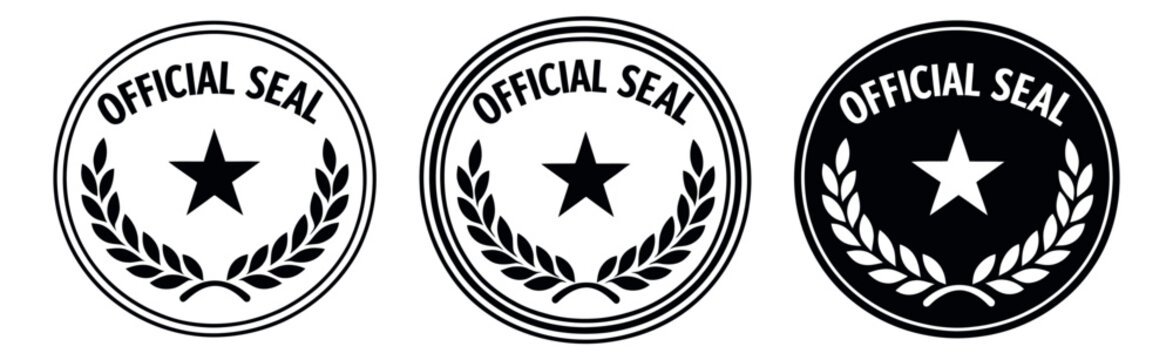 Graphic official seal badges set featuring stars and laurel wreaths in three variations for official documentation and certification