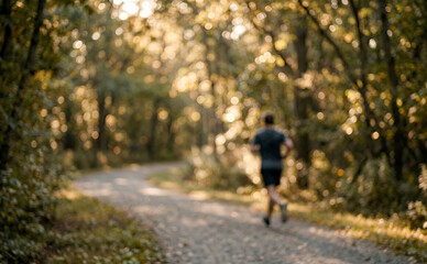 Obraz premium Soft focus image of a person running on a woodland path highlights seasonal colors and sunlight filtering through leaves, forming a calm and atmospheric background.