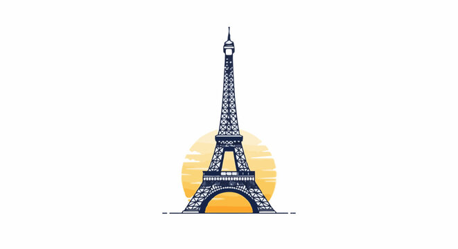 Stylized dark blue tower with yellow sunset background