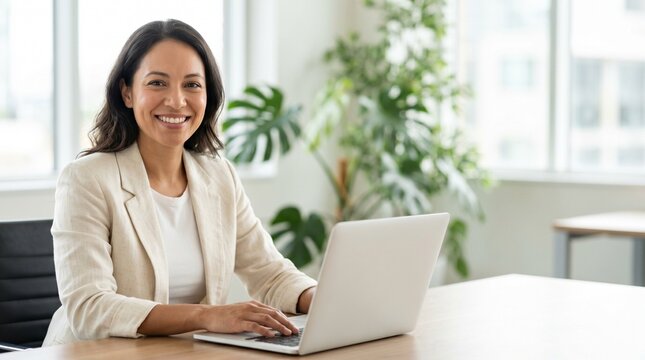 Successful businesswoman smiling while working with laptop in office