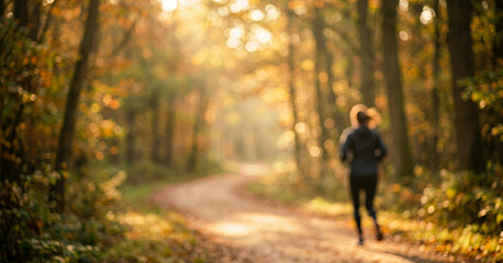 Fototapeta premium Abstract forest pathway with a running silhouette in soft blur, surrounded by vibrant autumn hues and glowing light, perfect for lifestyle, wellness, and outdoor concepts.